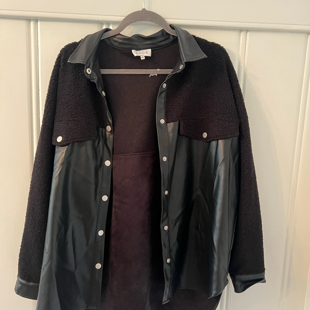 Black Faux Leather and Wool Blend Jacket